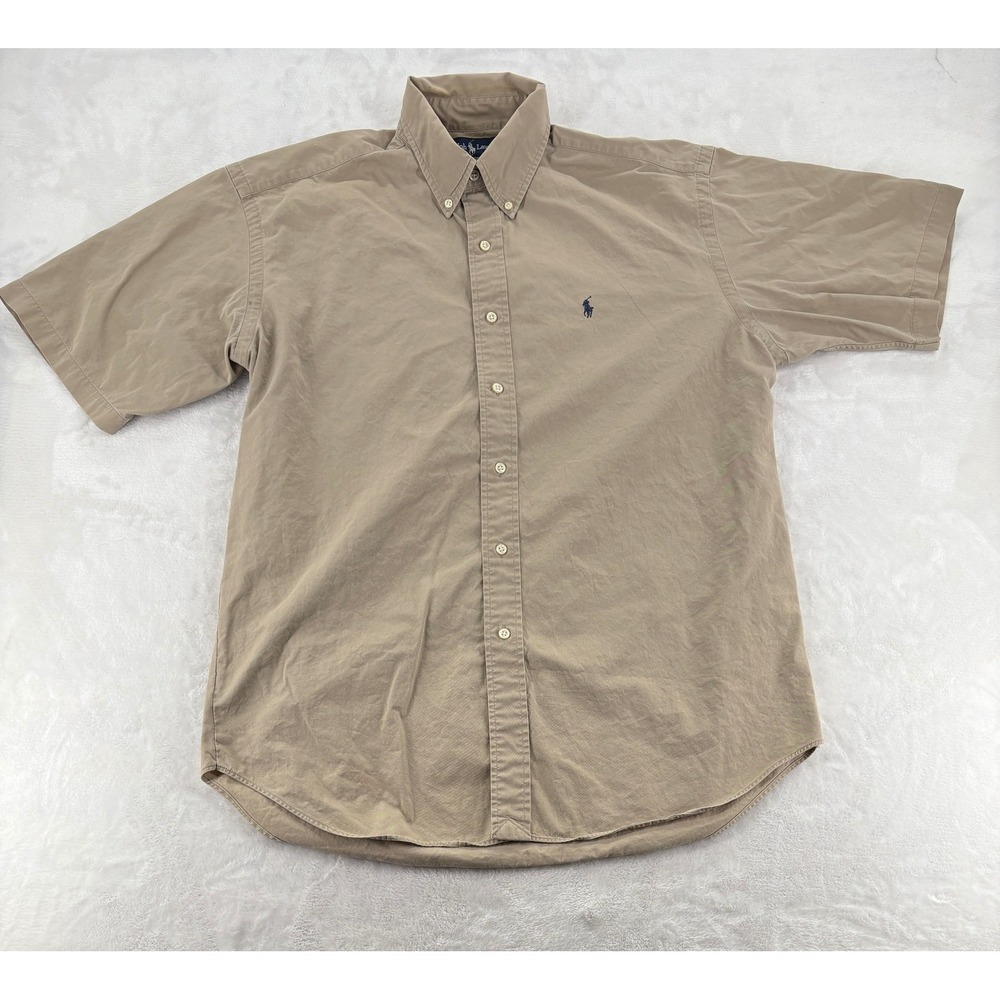 Ralph Lauren Shirt Large Blake Khaki Tan Cotton Short Sleeve Button Down